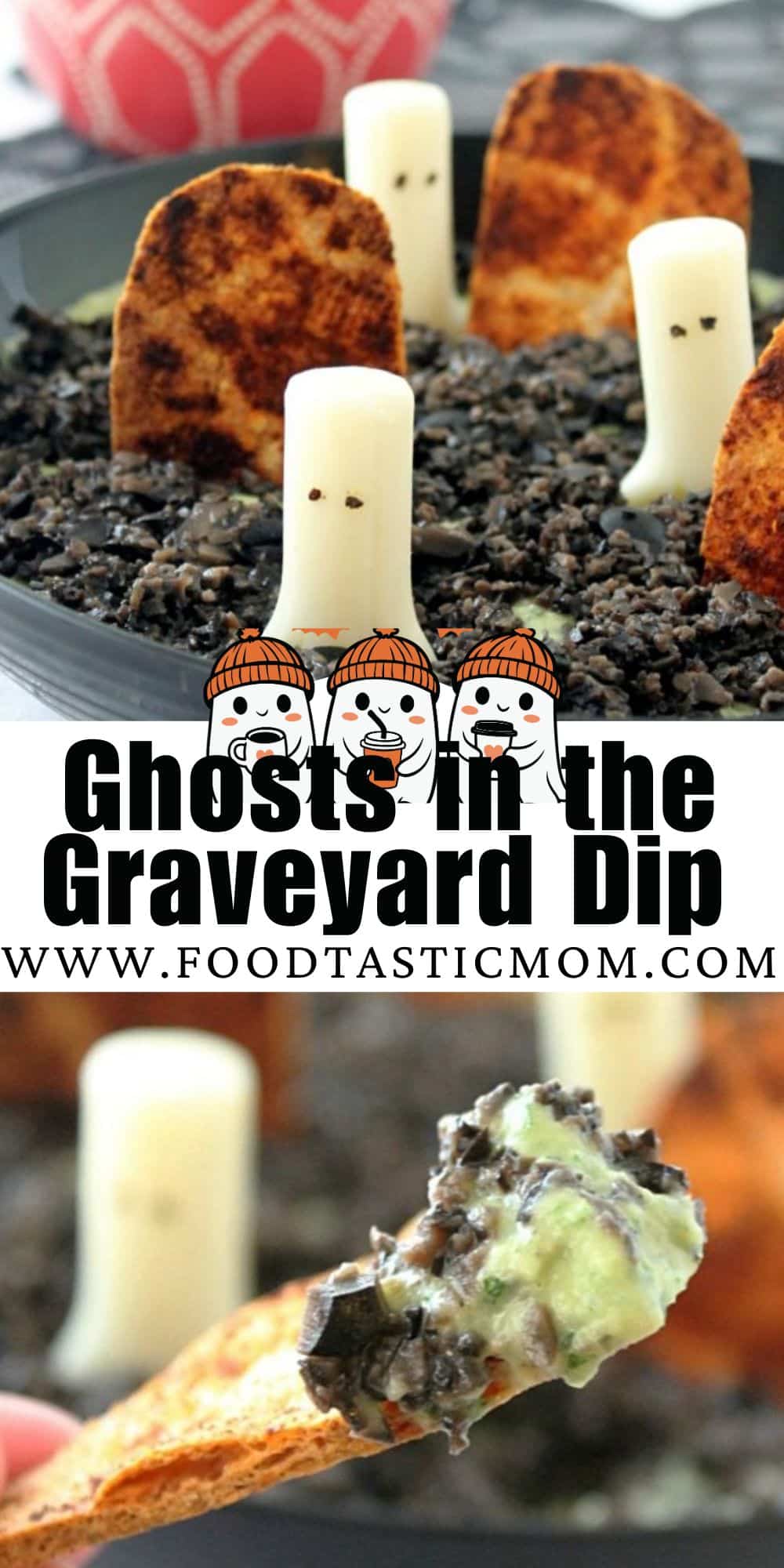 Ghost in the Graveyard Dip is a simple white bean and parsley hummus topped with finely chopped black olive. Mozzarella sting cheese ghosts and quick baked tortillas cut in the shape of grave stones make this a festive and healthy treat for ghosts and goblins of any age! via @foodtasticmom