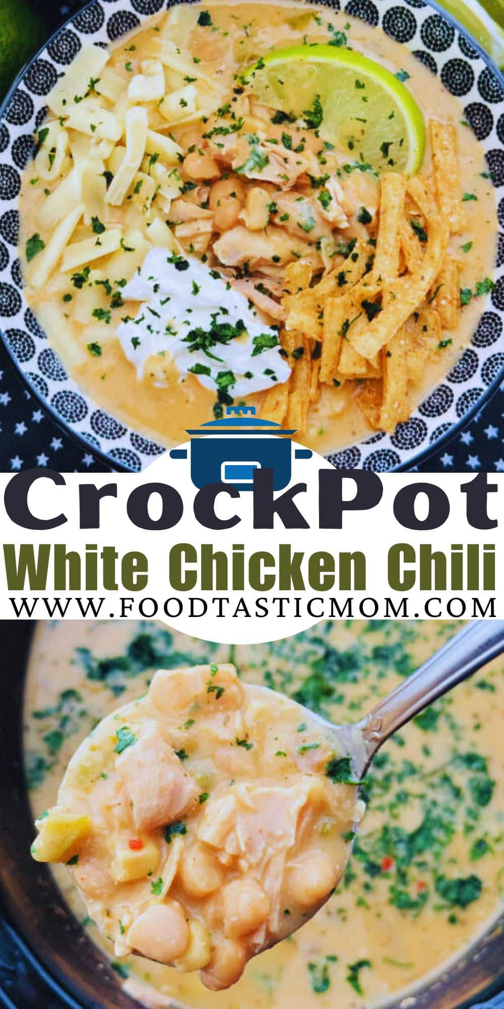 My easy Crockpot White Chicken Chili is so simple to make with big and rich flavors. It'll quickly become a favorite during chili season. via @foodtasticmom