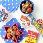 easy pretzel bites with rolo candy and red white and blue m&m's