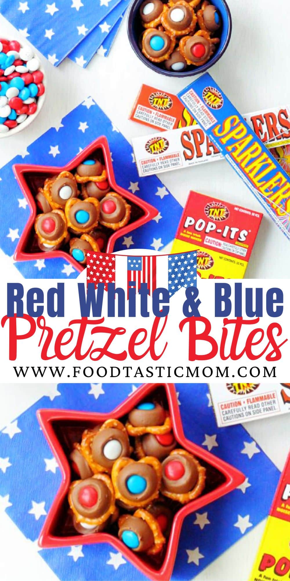 Make these easy Patriotic Pretzel Bites with rolos and M&M's for your next red, white and blue occasion. via @foodtasticmom