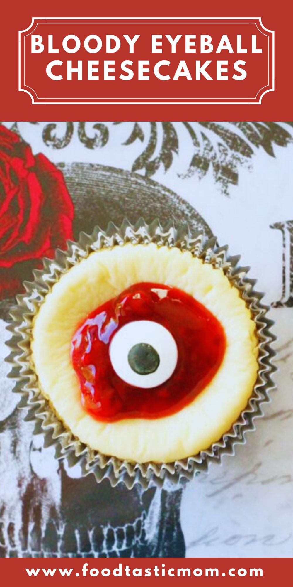 Bloody Eyeball Cheesecakes put the trick in a very delicious treat of white chocolate cheesecakes with an Oreo crust and raspberry topping. via @foodtasticmom