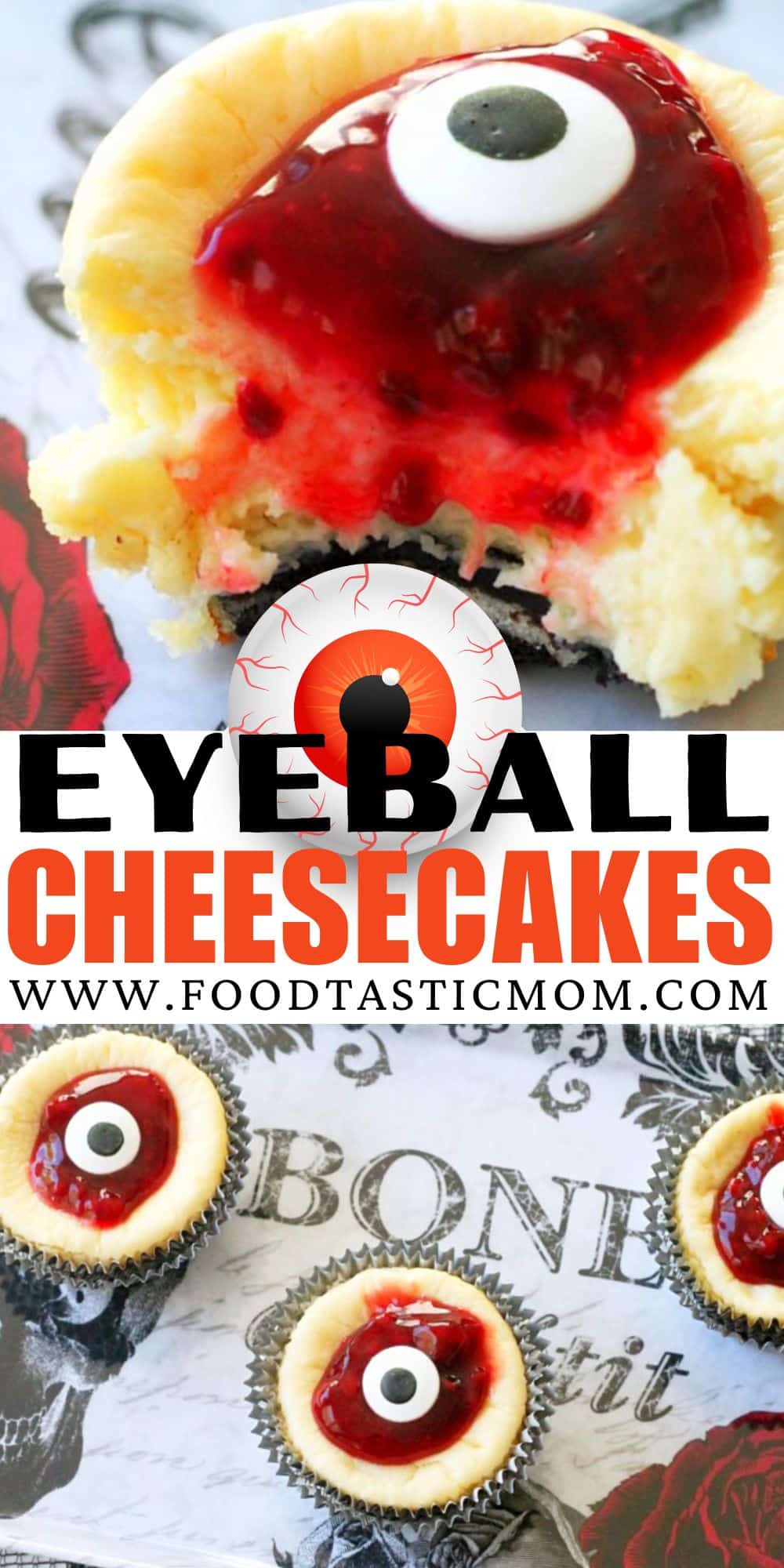 Bloody Eyeball Cheesecakes put the trick in a very delicious treat of white chocolate cheesecakes with an Oreo crust and raspberry topping. via @foodtasticmom