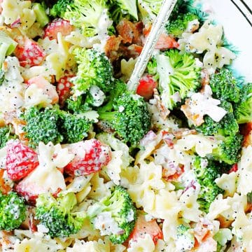 Summer Broccoli Pasta Salad is a terrific take-along dish with a perfect balance of sweet and savory flavors including strawberries and bacon.