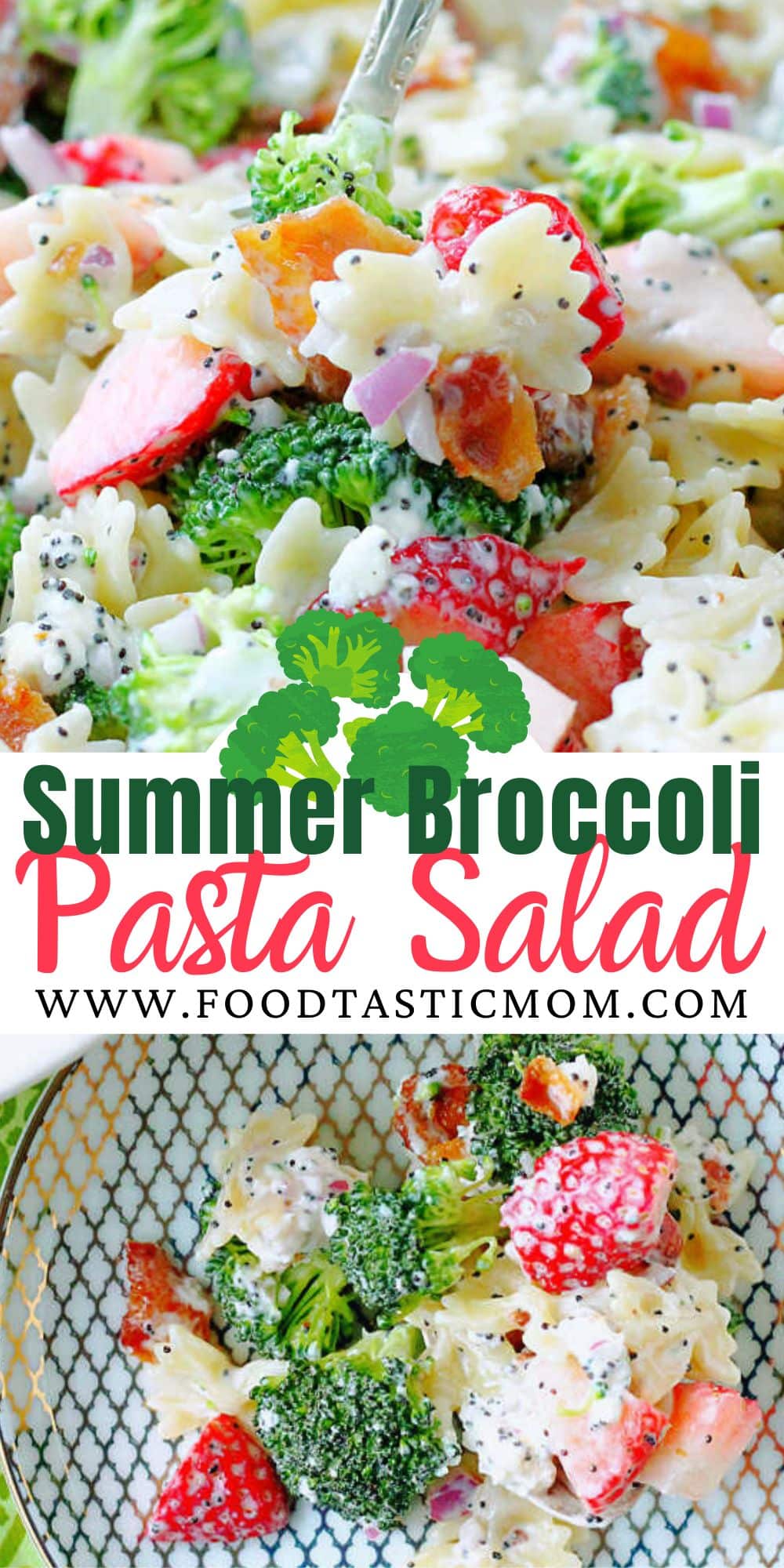 Summer Broccoli Pasta Salad is a terrific take-along dish with a perfect balance of sweet and savory flavors including strawberries and bacon. via @foodtasticmom