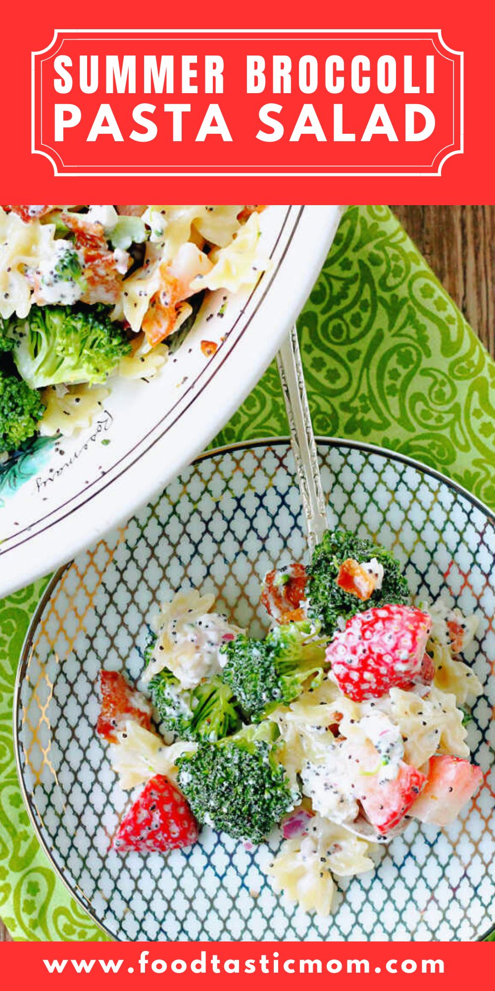 Summer Broccoli Pasta Salad is a terrific take-along dish with a perfect balance of sweet and savory flavors including strawberries and bacon. via @foodtasticmom