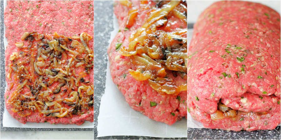 three pictures showing how to assemble the French Onion Meatloaf