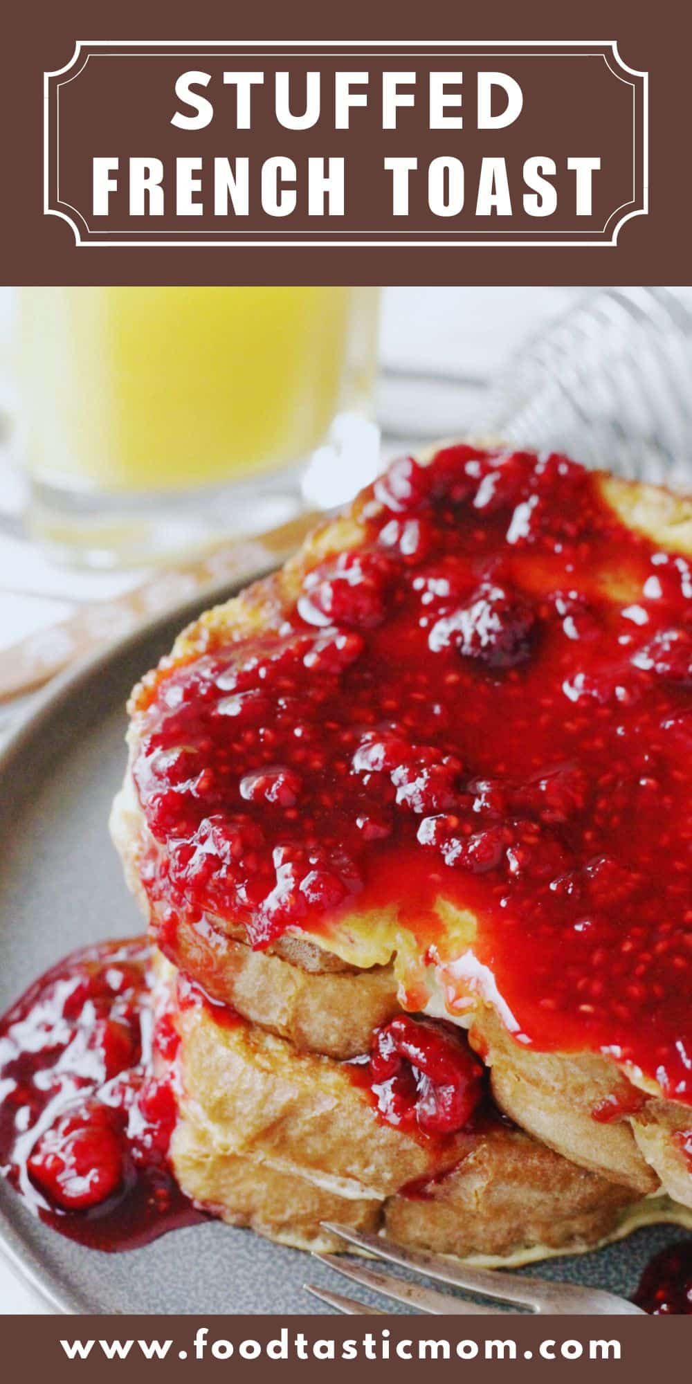 Stuffed French Toast has sweet cream cheese filling between slices of brioche and is topped with homemade raspberry syrup. It's perfect for Christmas morning breakfast! via @foodtasticmom