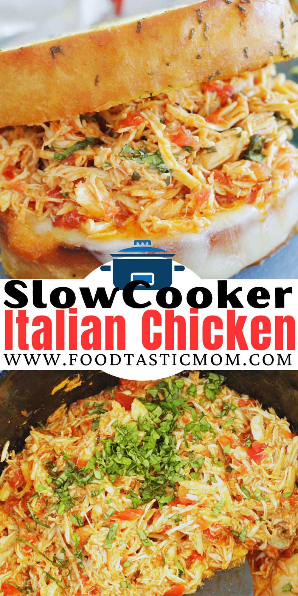 These Slow Cooker Italian Chicken Sandwiches have a fresh tomato flavor even when tomatoes aren't in season. Slow cooked Italian-flavored chicken is piled high on toasty garlic bread with melted Provolone cheese and fresh chopped basil. via @foodtasticmom