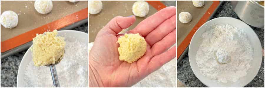 pictures of how to make the cookie dough balls and roll them in powdered sugar