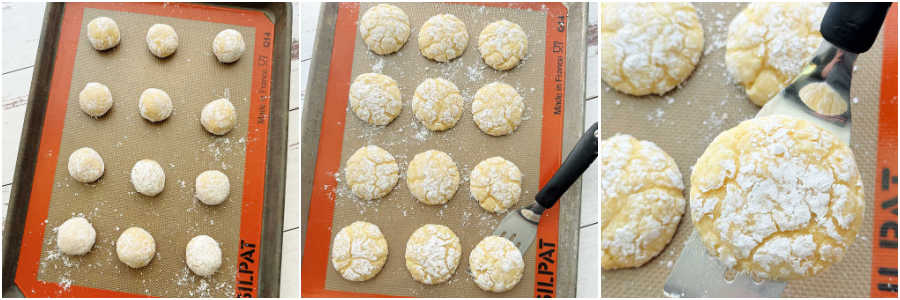 pictures of coconut key lime crinkle cookies before and after baking