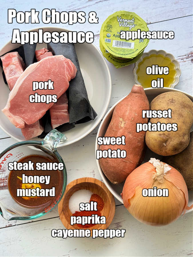 picture of ingredients needed to make pork chops and applesauce