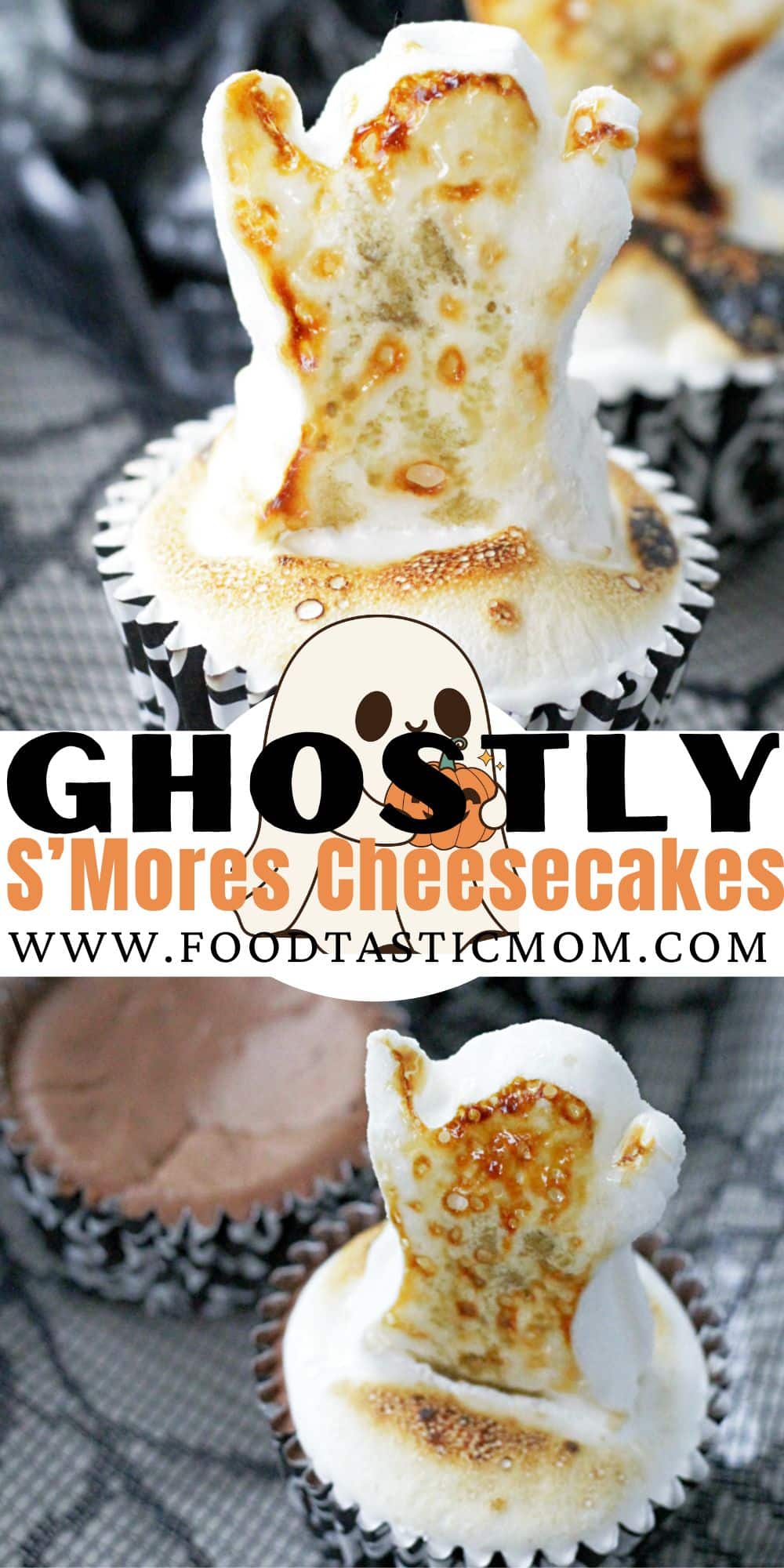 Ghostly S'Mores Cheesecakes are a festive and delicious treat for Halloween, combining graham cracker crust, velvety chocolate cheesecake filling and toasted marshmallow topping. via @foodtasticmom