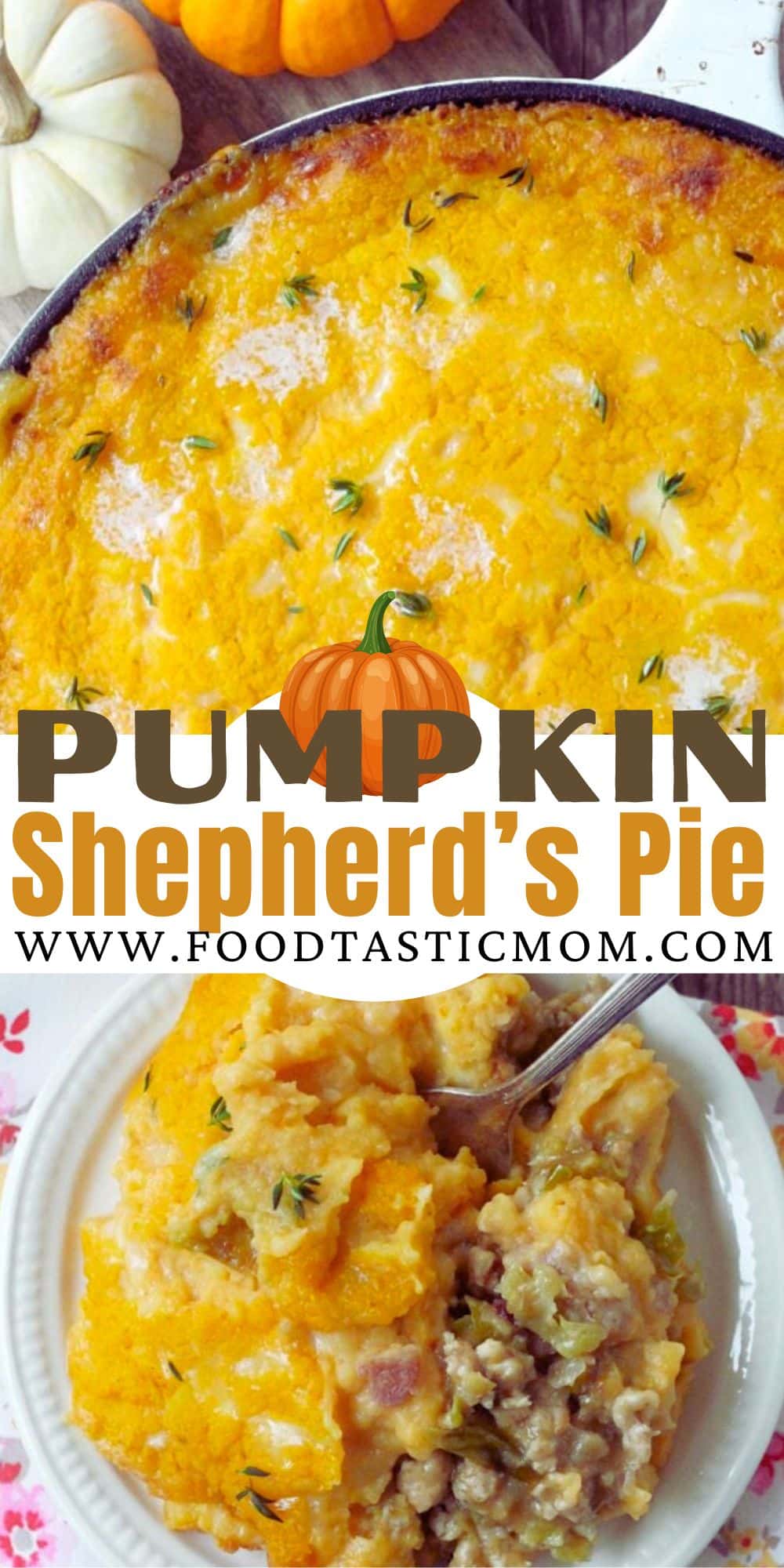 Shepherd's Pie gets an upgrade for fall - ground turkey, brussels sprouts and even a little cranberry sauce is topped with luscious pumpkin mashed potatoes in this Pumpkin Shepherd's Pie. via @foodtasticmom