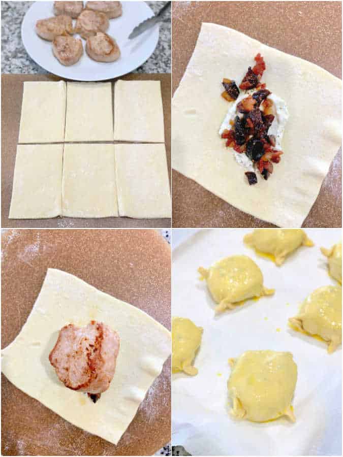 step by step photo collage showing how to make pork wellington