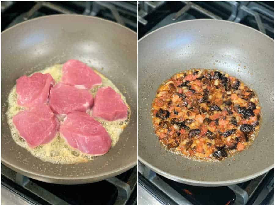 a collage showing the ingredients cooking to make pork wellington