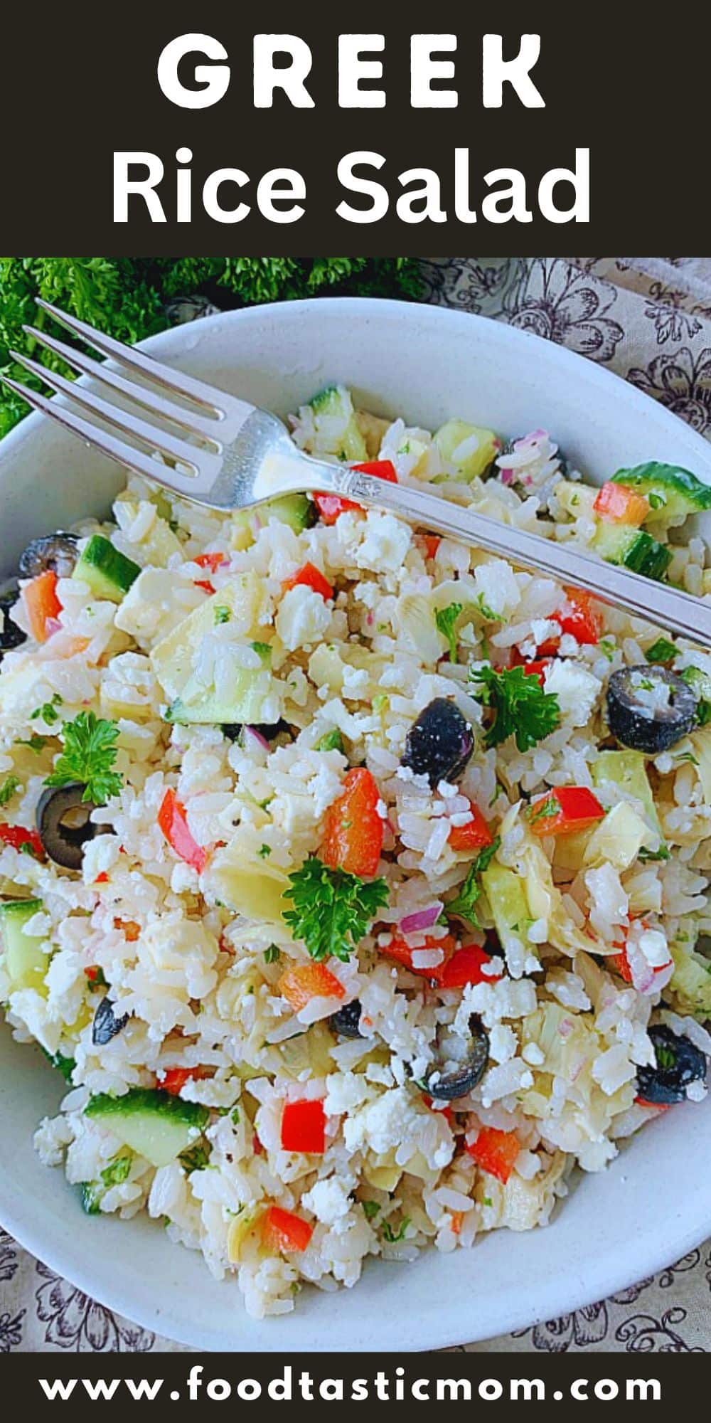 Greek Rice Salad starts with perfectly cooked rice and just might become your new favorite salad. It's also a gluten-free option to serve instead of pasta salad. via @foodtasticmom