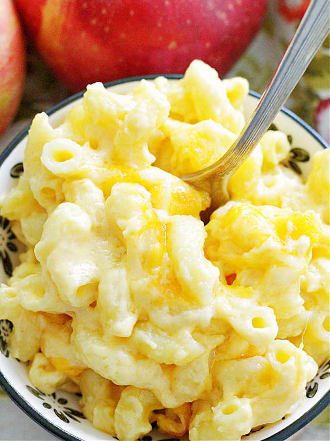 a bowl of honemade macaroni and cheese ready to serve