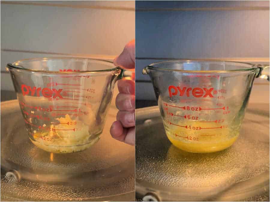 picture showing how to microwave the garlic and butter together to add to the pimento cheese recipe