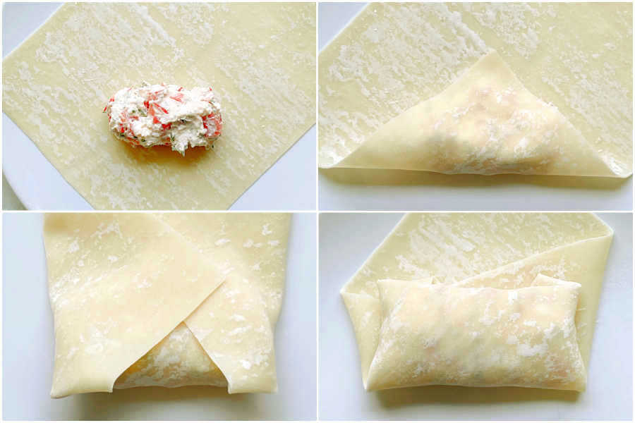 a collage of four photos showing how to assemble homemade egg rolls