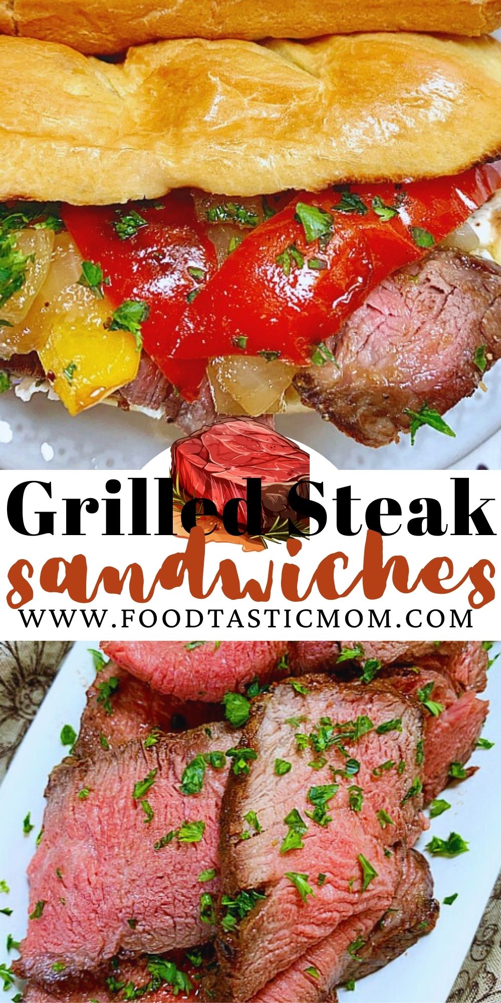 Perfectly grilled filet mignon steaks combine with grilled peppers and onions and Boursin cheese on toasted Brioche buns for these scrumptious Grilled Steak Sandwiches. via @foodtasticmom