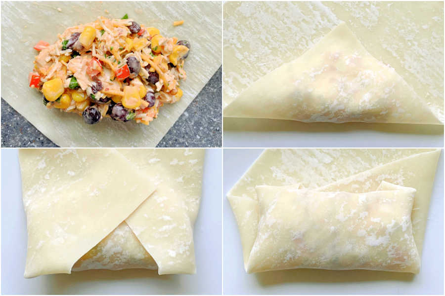 four photos showing step by step how to fill and fold an egg roll with southwest filling