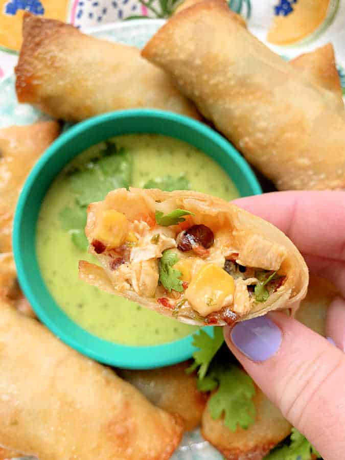 dipping a southwest egg roll into creamy guacamole sauce