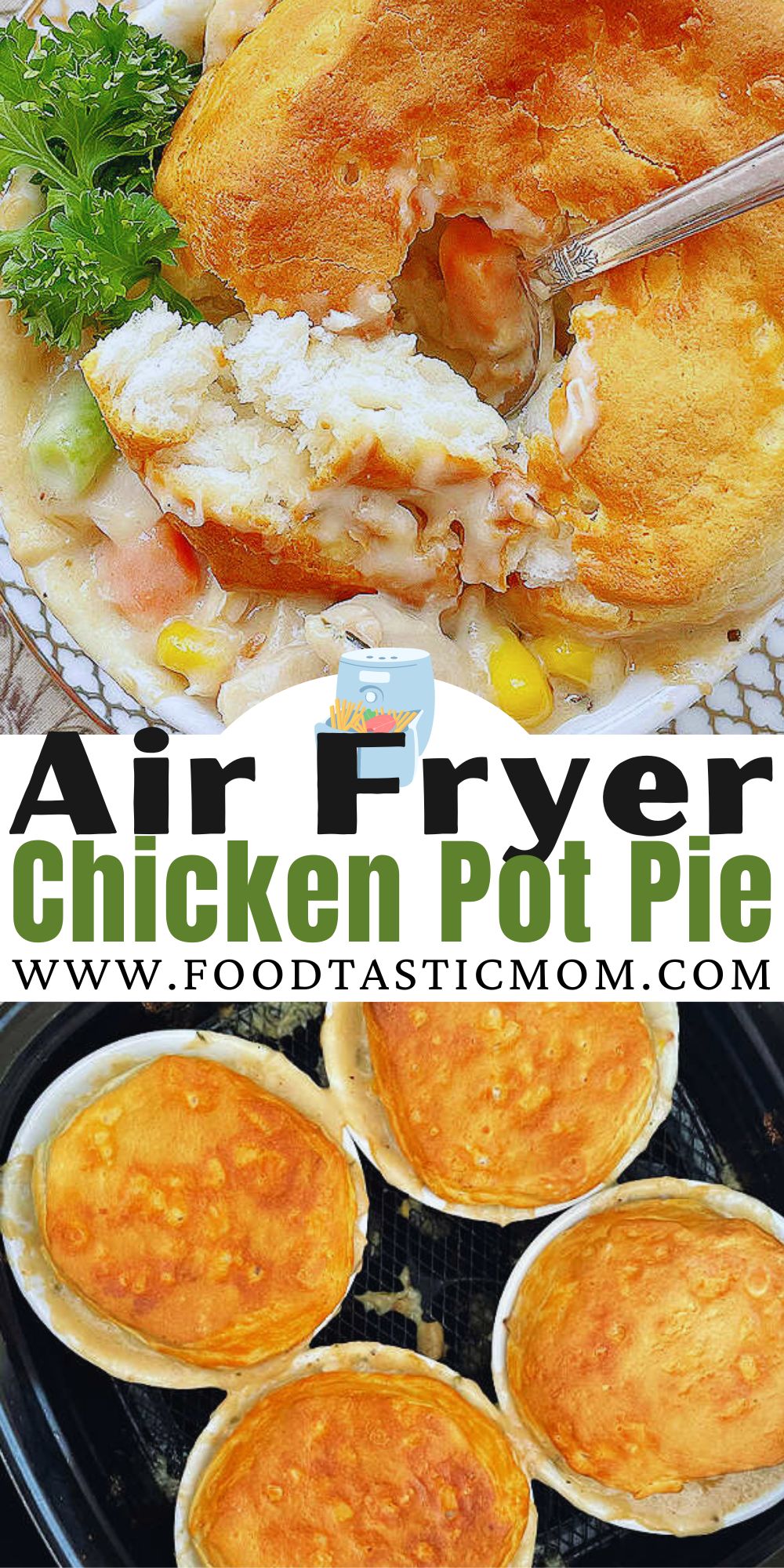 This recipe for Air Fryer Pot Pie makes four individual pies. A creamy chicken and vegetable stew combines with biscuit tops. via @foodtasticmom