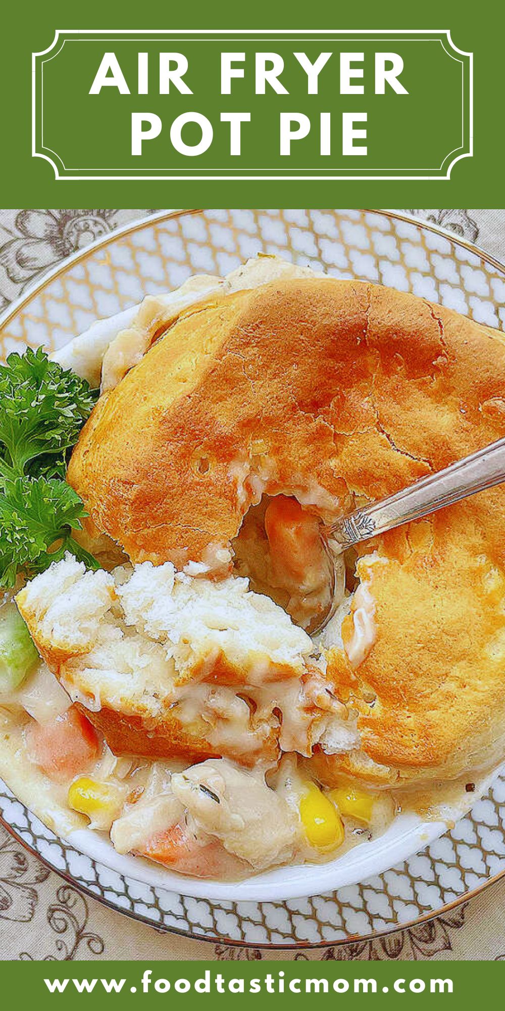 This recipe for Air Fryer Pot Pie makes four individual pies. A creamy chicken and vegetable stew combines with biscuit tops. via @foodtasticmom