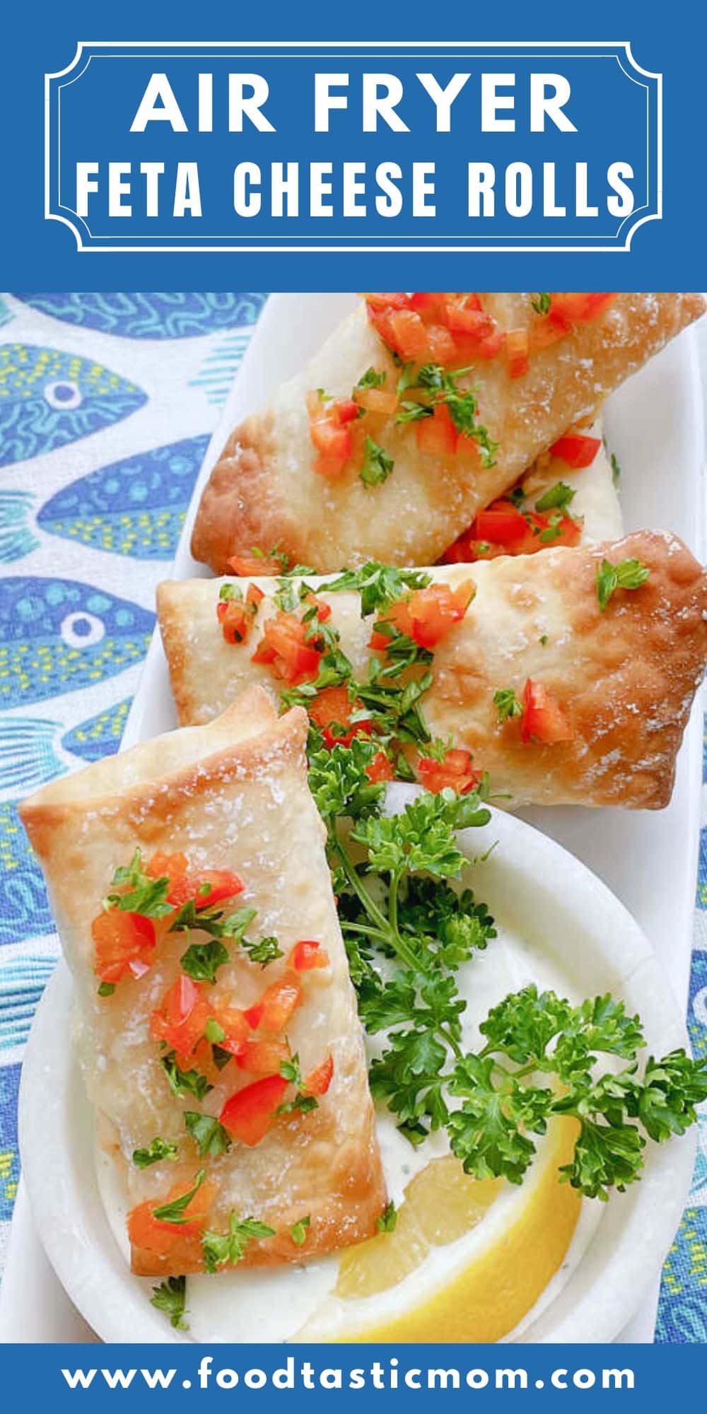Air Fryer Feta Cheese Rolls are delightfully crispy egg rolls wrappers with red pepper, feta cheese, herbs and spices. Simply delicious. via @foodtasticmom
