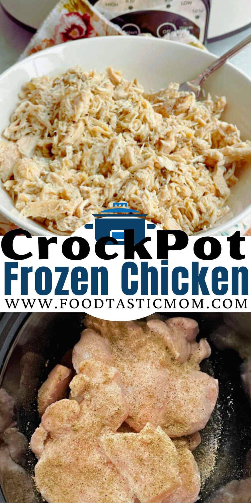 Learn how to make frozen, boneless and skinless chicken breasts in the Crock Pot for using in any recipe calling for cooked chicken. via @foodtasticmom