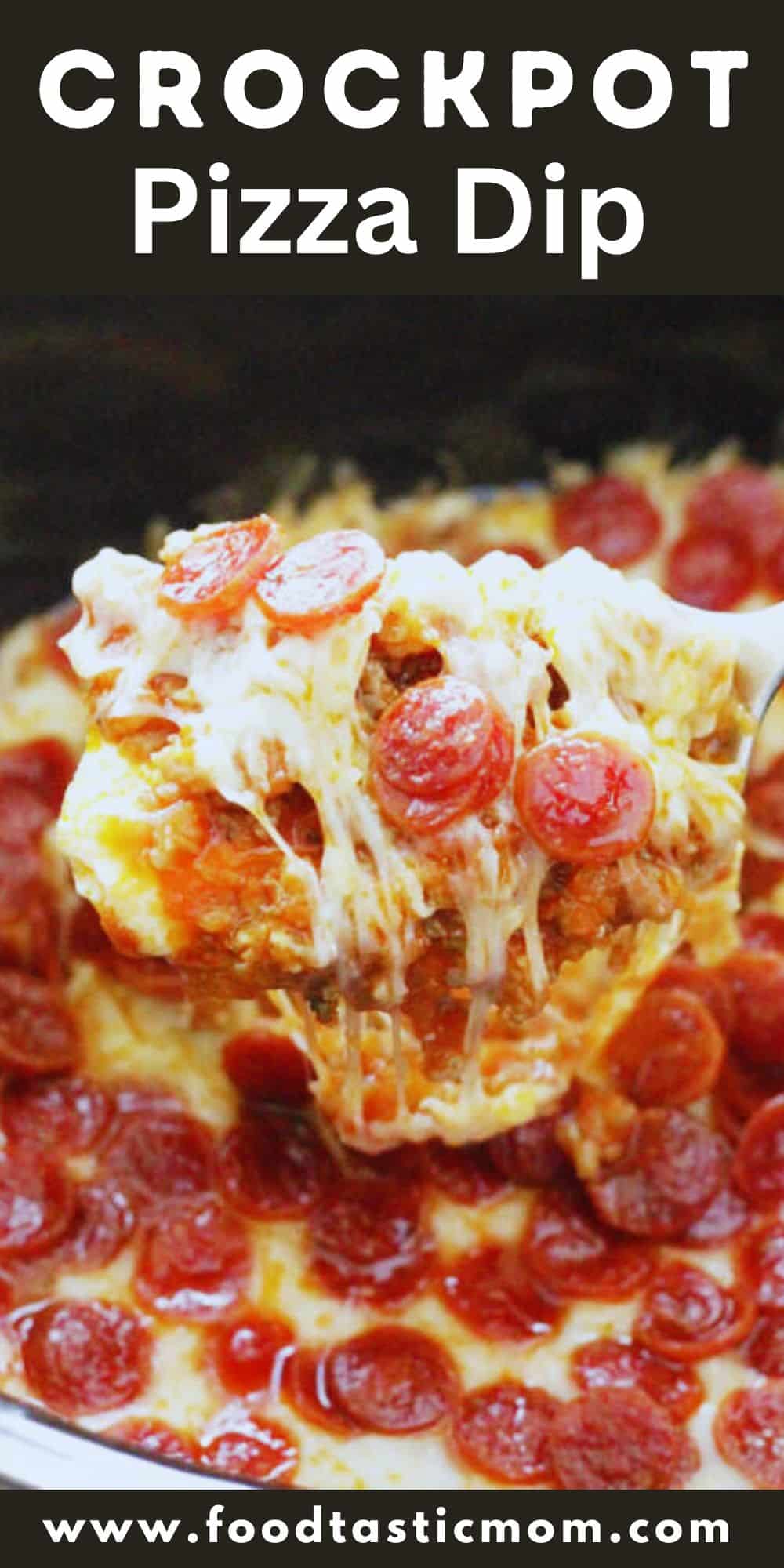 My Pizza Dip is loaded with cheese, pepperoni and sausage and is made for the slow cooker, so the cheese stays hot and melty. via @foodtasticmom