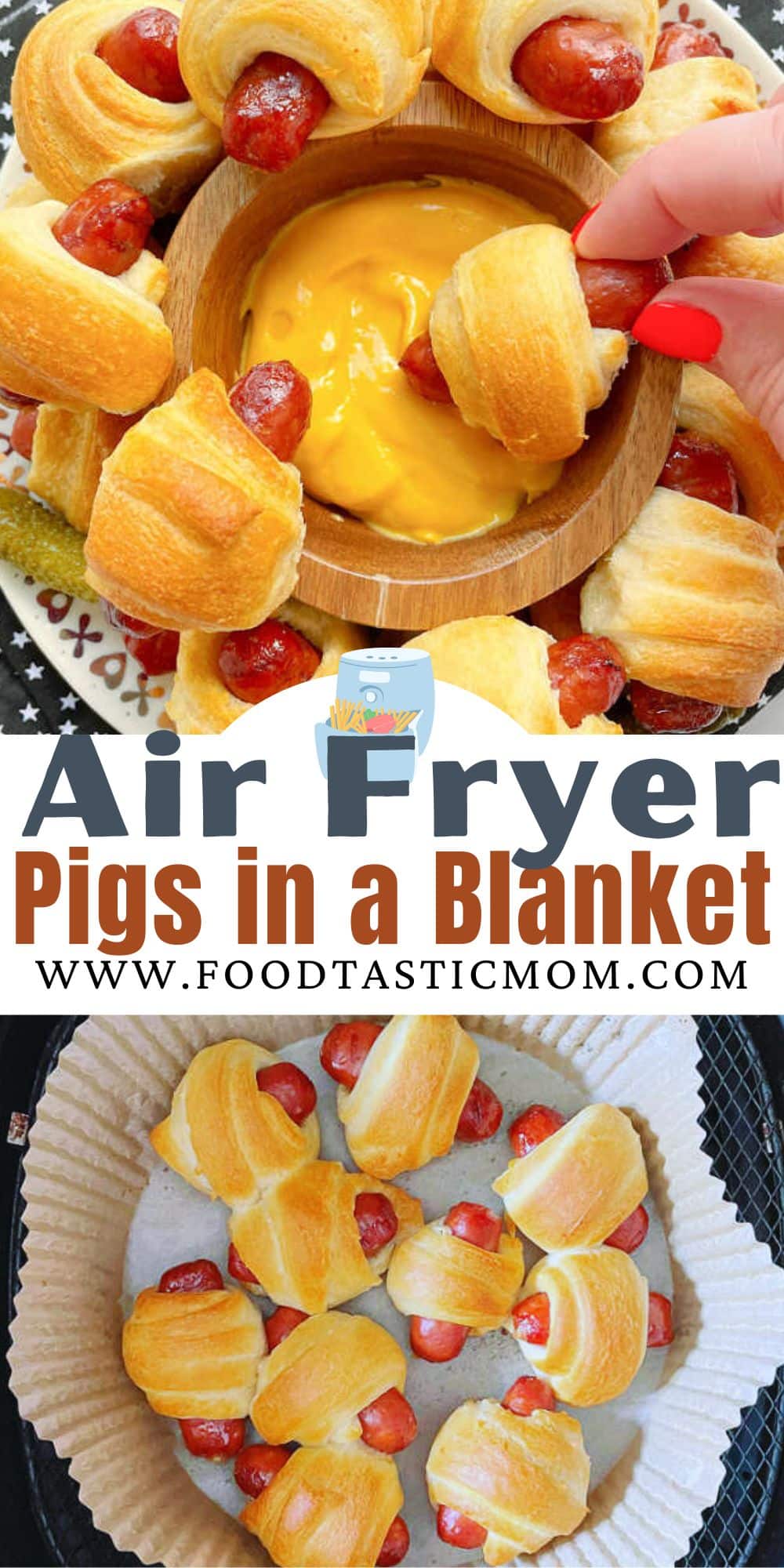 Air Fryer Pigs in a Blanket made with little smokies and crescent dough are a simple snack recipe for game days or an after school snack.  via @foodtasticmom