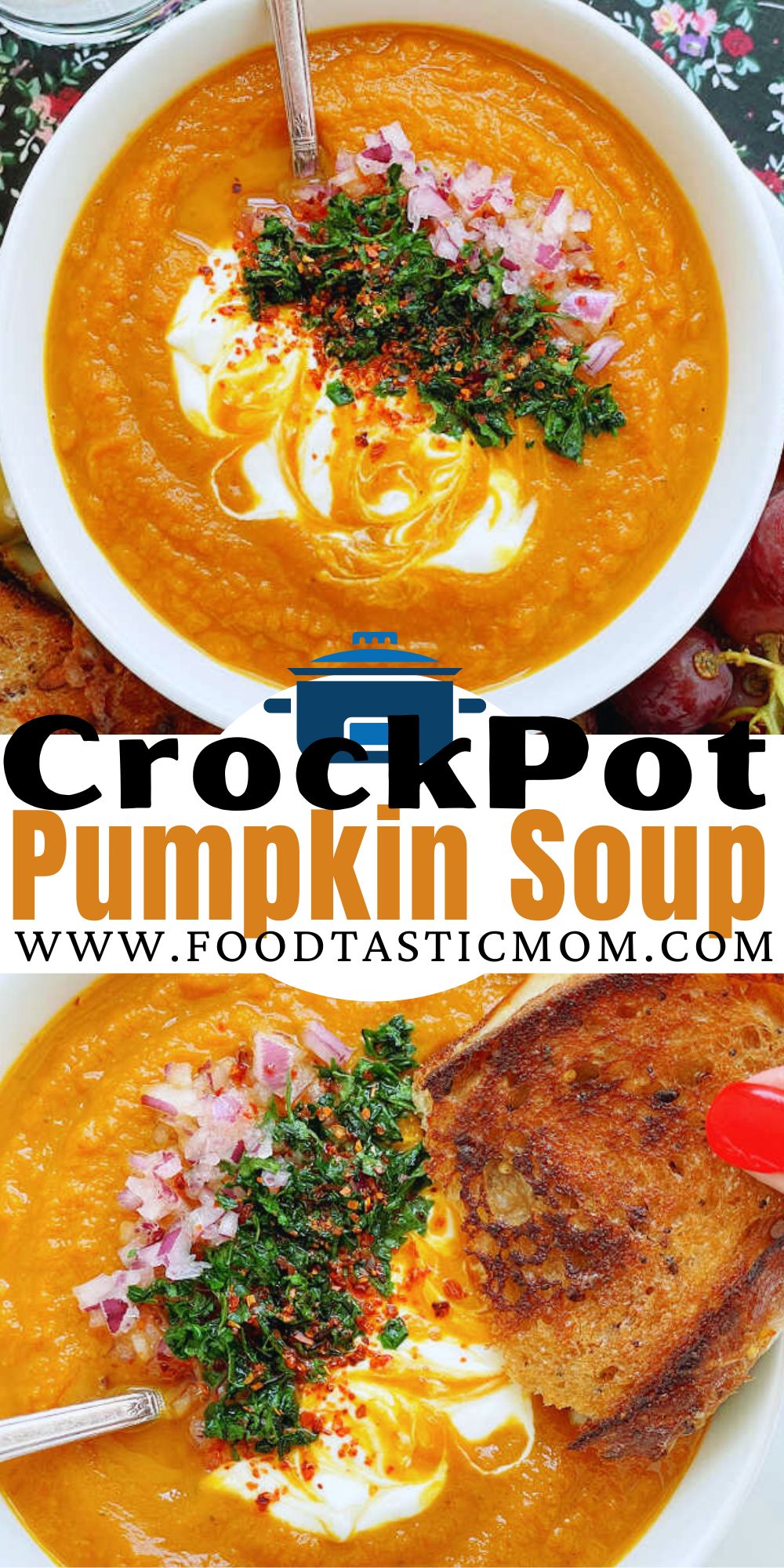 Slow Cooker Pumpkin Soup can be made with fresh or canned pumpkin. Simple to make with the perfect blend of flavors, it is pure comfort food for fall. via @foodtasticmom