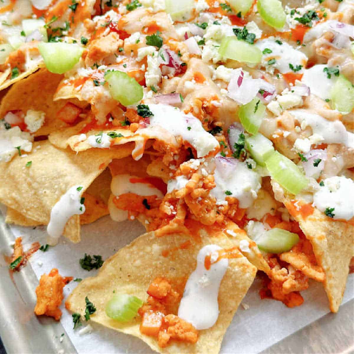 Healthier Buffalo Chicken Sheet Pan Nachos - Abra's Kitchen