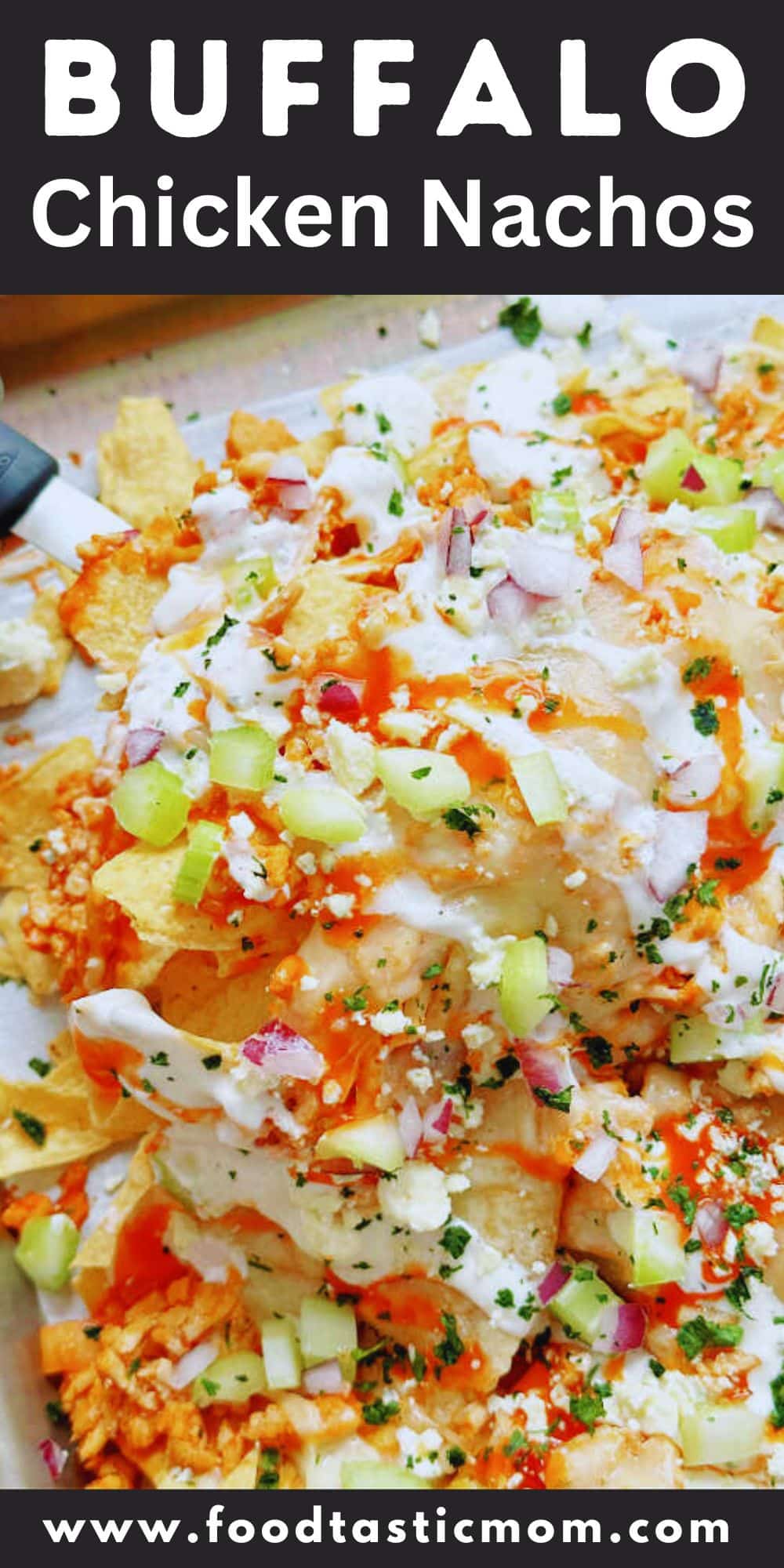 Learn how to make the perfect Buffalo Chicken Nachos with layers of buffalo chicken and lots of cheese all baked in the oven on a sheet pan. via @foodtasticmom