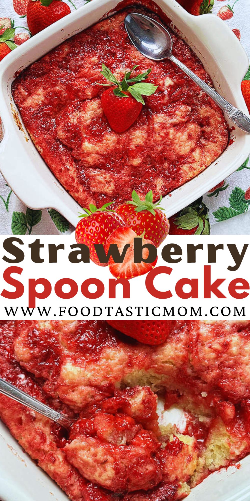 Strawberry Spoon Cake is a delightfully unfussy cake that you don't need a mixer to make and it's ready to eat in less than one hour.  via @foodtasticmom