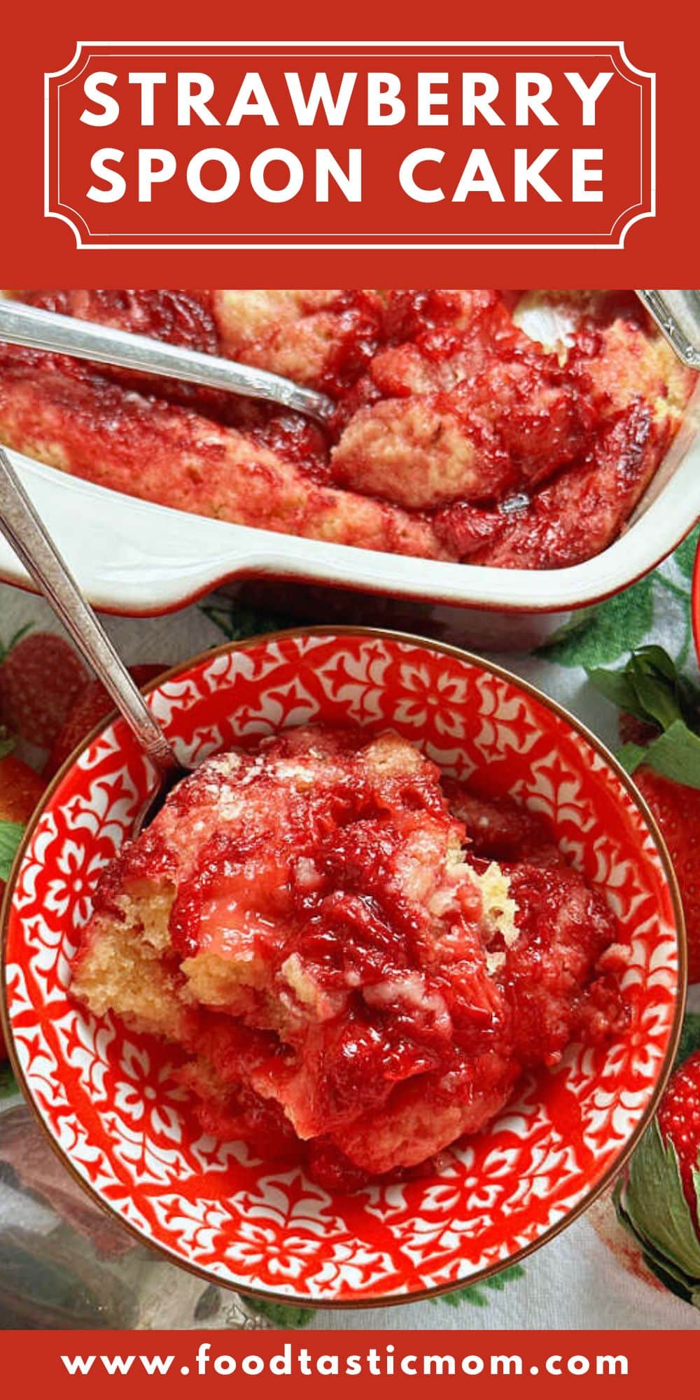 Strawberry Spoon Cake is a delightfully unfussy cake that you don't need a mixer to make and it's ready to eat in less than one hour.  via @foodtasticmom