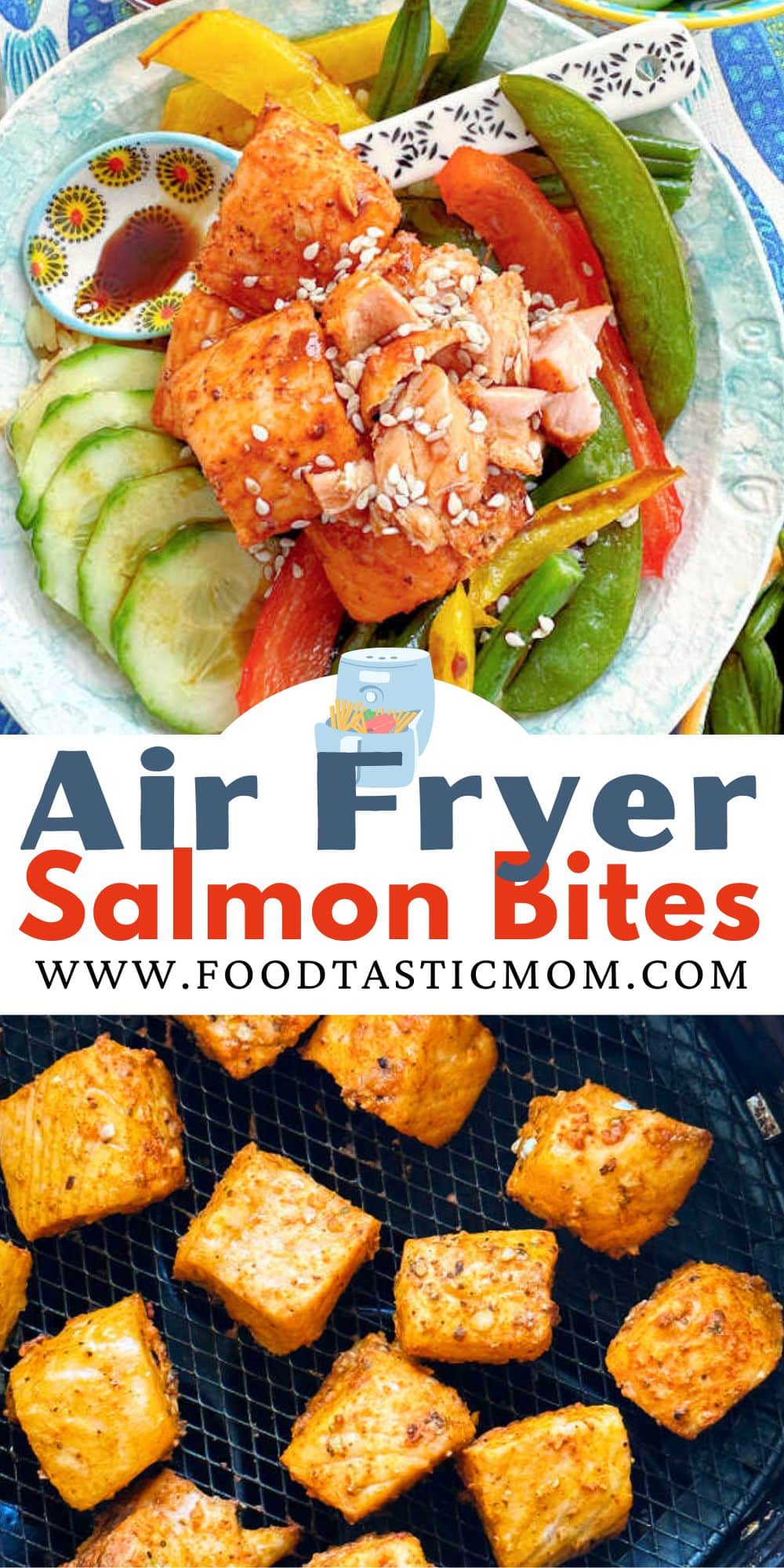 Tender air fryer salmon bites are seasoned with a simple spice rub and cook in just six minutes. Then drizzle them with your choice of sauce. via @foodtasticmom