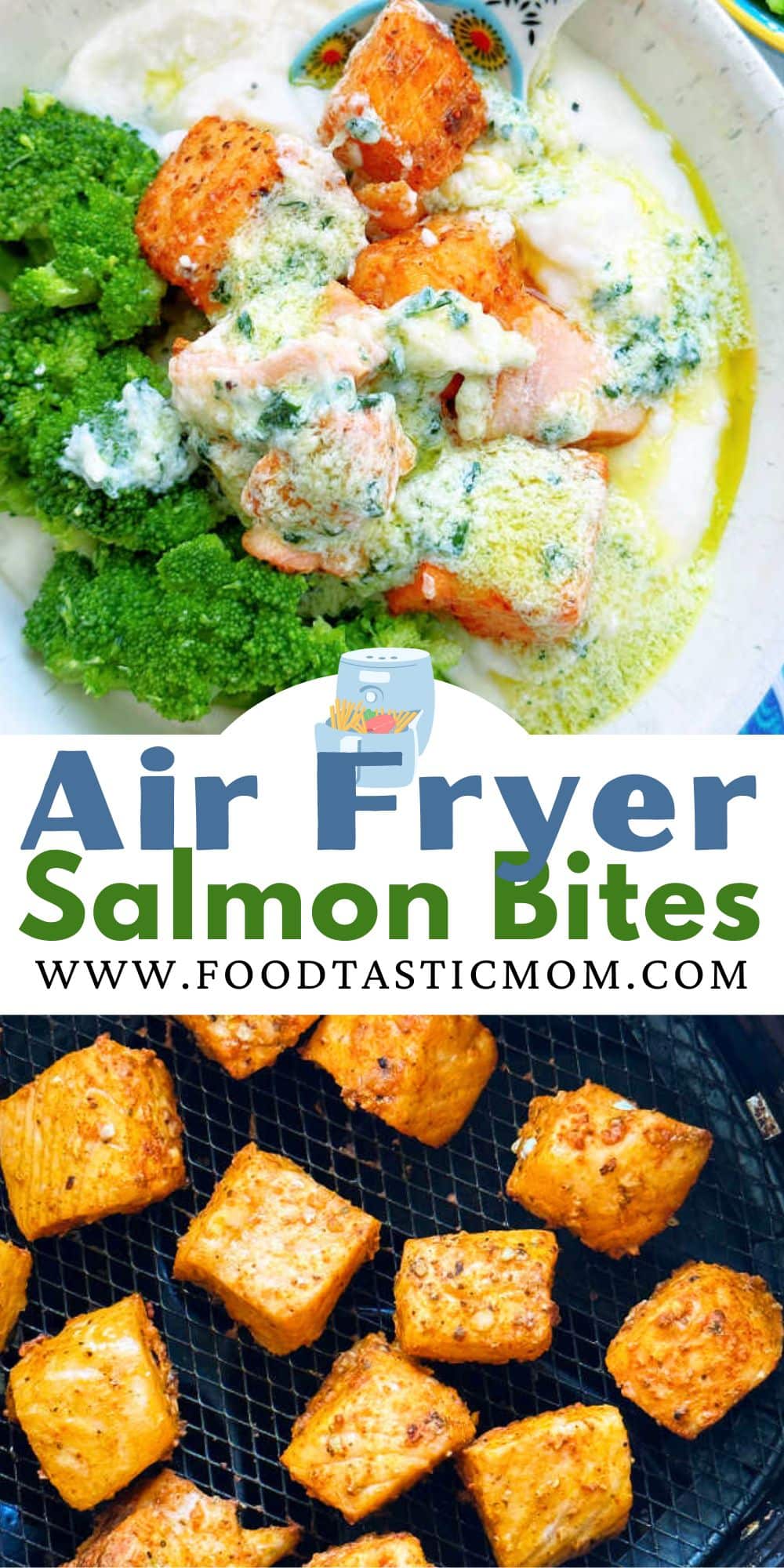 Tender air fryer salmon bites are seasoned with a simple spice rub and cook in just six minutes. Then drizzle them with your choice of sauce. via @foodtasticmom