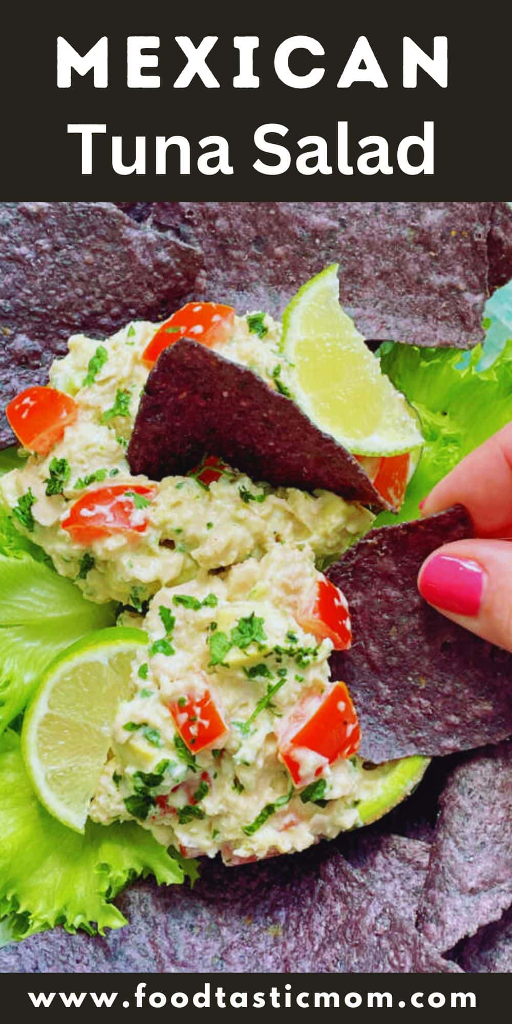 Mexican Tuna Salad spices up a classic, for a high-protein lunch or snack. Tomatoes, avocado, taco sauce, sour cream and lime juice help make this salad a hit. via @foodtasticmom