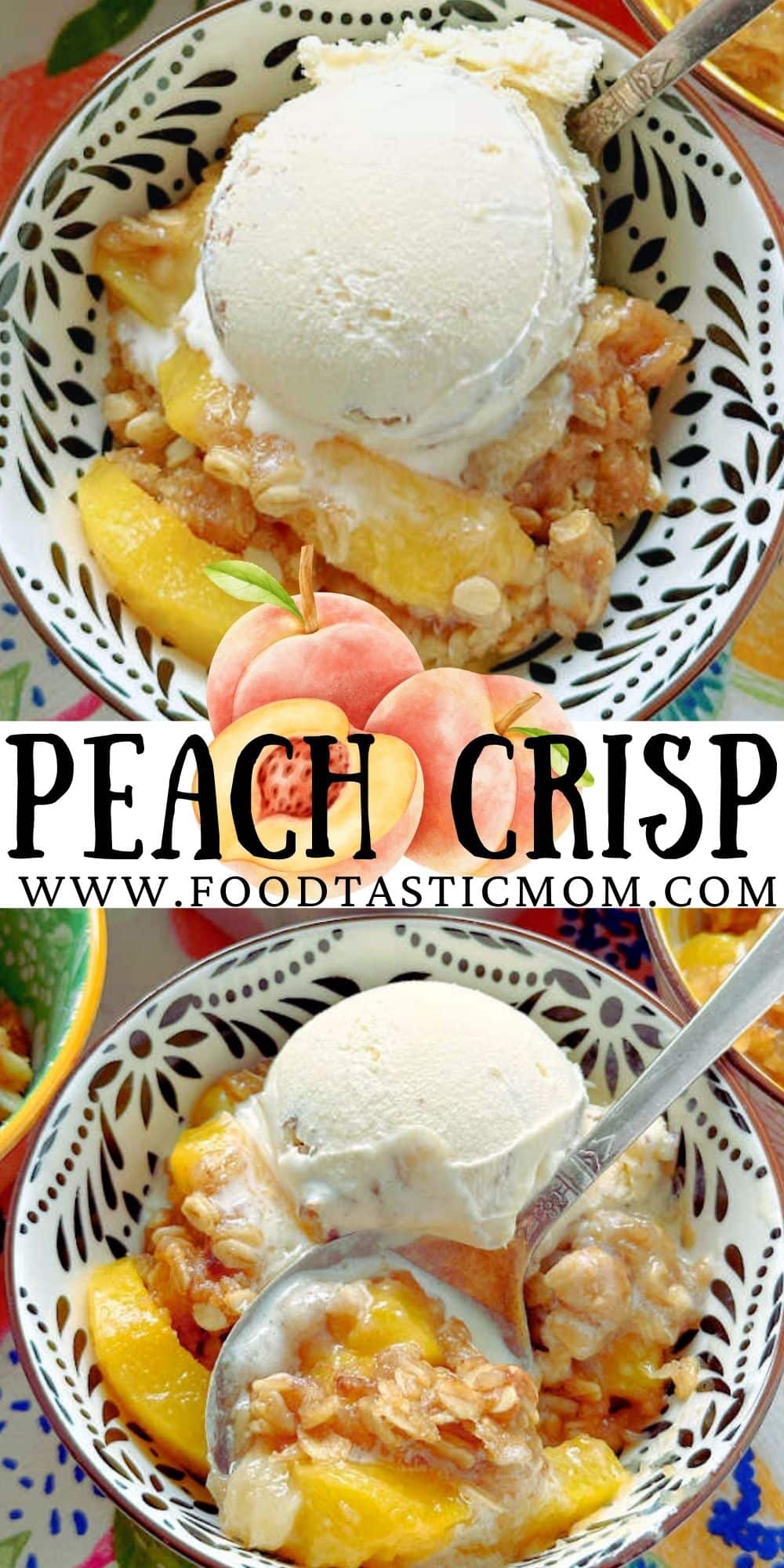 Bourbon Peach Crisp is the perfect dessert to show off the season's best peaches, kissed with bourbon and maple syrup flavor and the most delicious crumble topping.  via @foodtasticmom