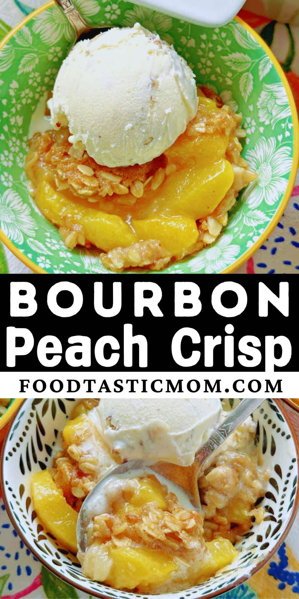 Bourbon Peach Crisp is the perfect dessert to show off the season's best peaches, kissed with bourbon and maple syrup flavor and the most delicious crumble topping.  via @foodtasticmom