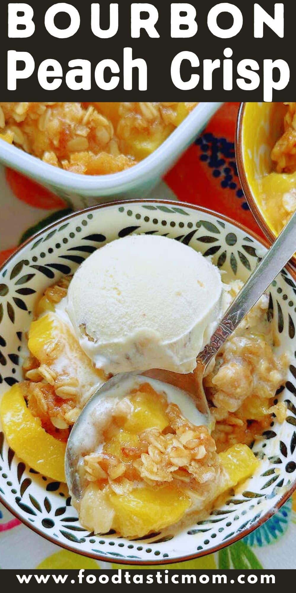 Bourbon Peach Crisp is the perfect dessert to show off the season's best peaches, kissed with bourbon and maple syrup flavor and the most delicious crumble topping.  via @foodtasticmom