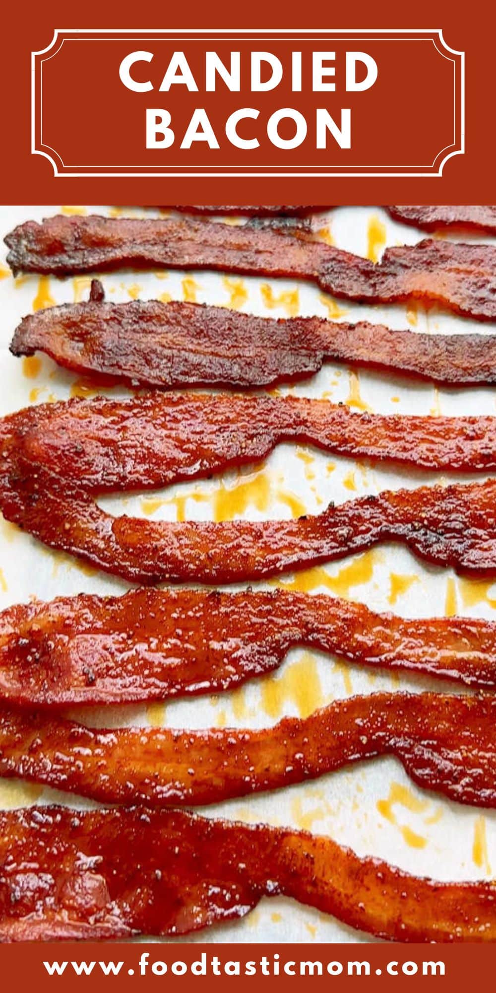 This easy candied bacon recipe combines brown sugar and spices with a splash of bourbon to easily brush on the bacon before baking. via @foodtasticmom