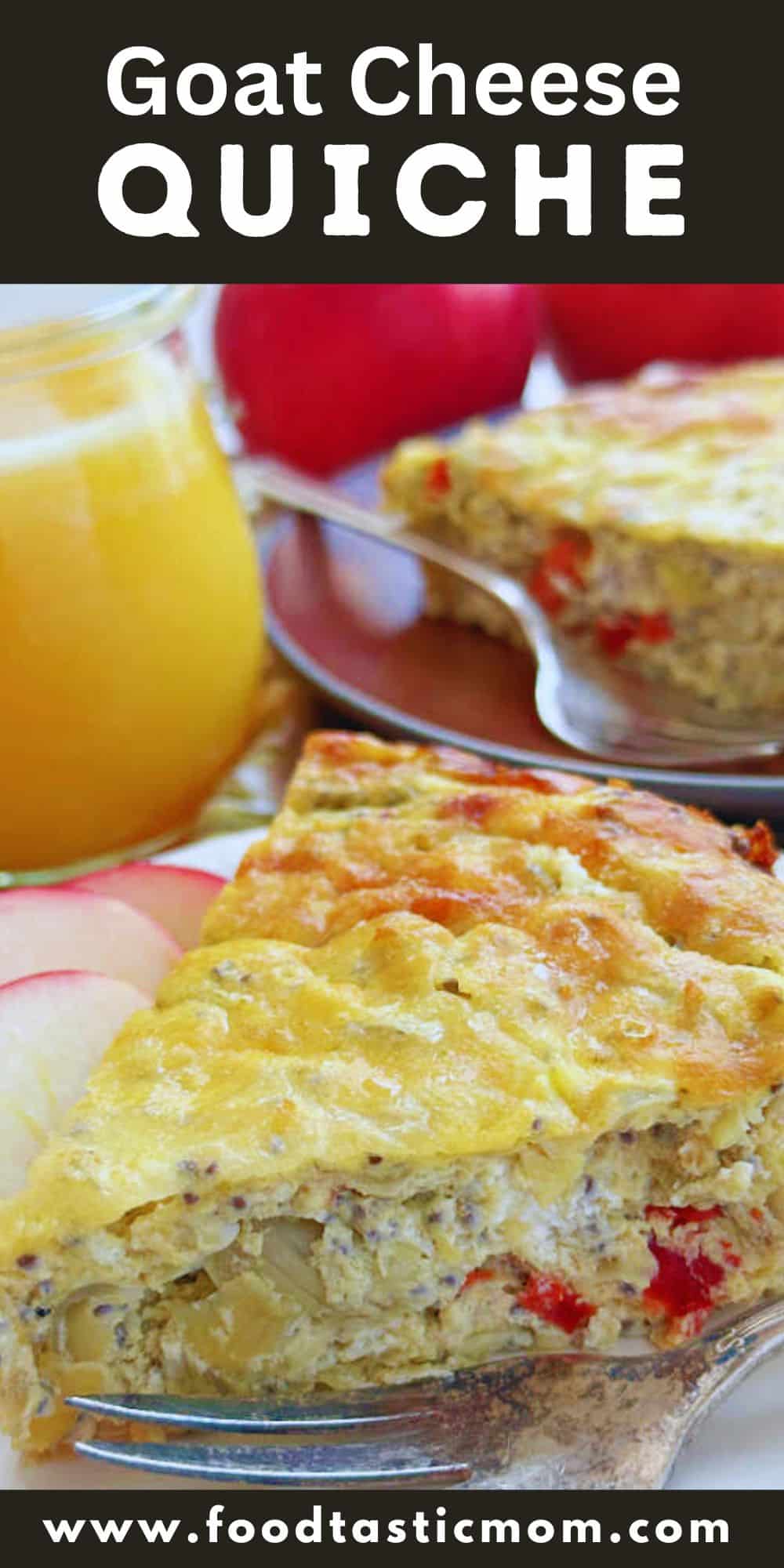 This Goat Cheese Quiche tastes indulgent but it's crustless! Artichoke hearts, roasted red peppers, goat cheese and a surprising ingredient combine for a really delicious quiche. via @foodtasticmom