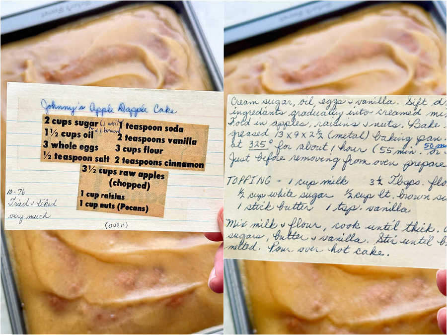 baked apple cake in the cake pan, showing the handwritten recipe card used for making the cake