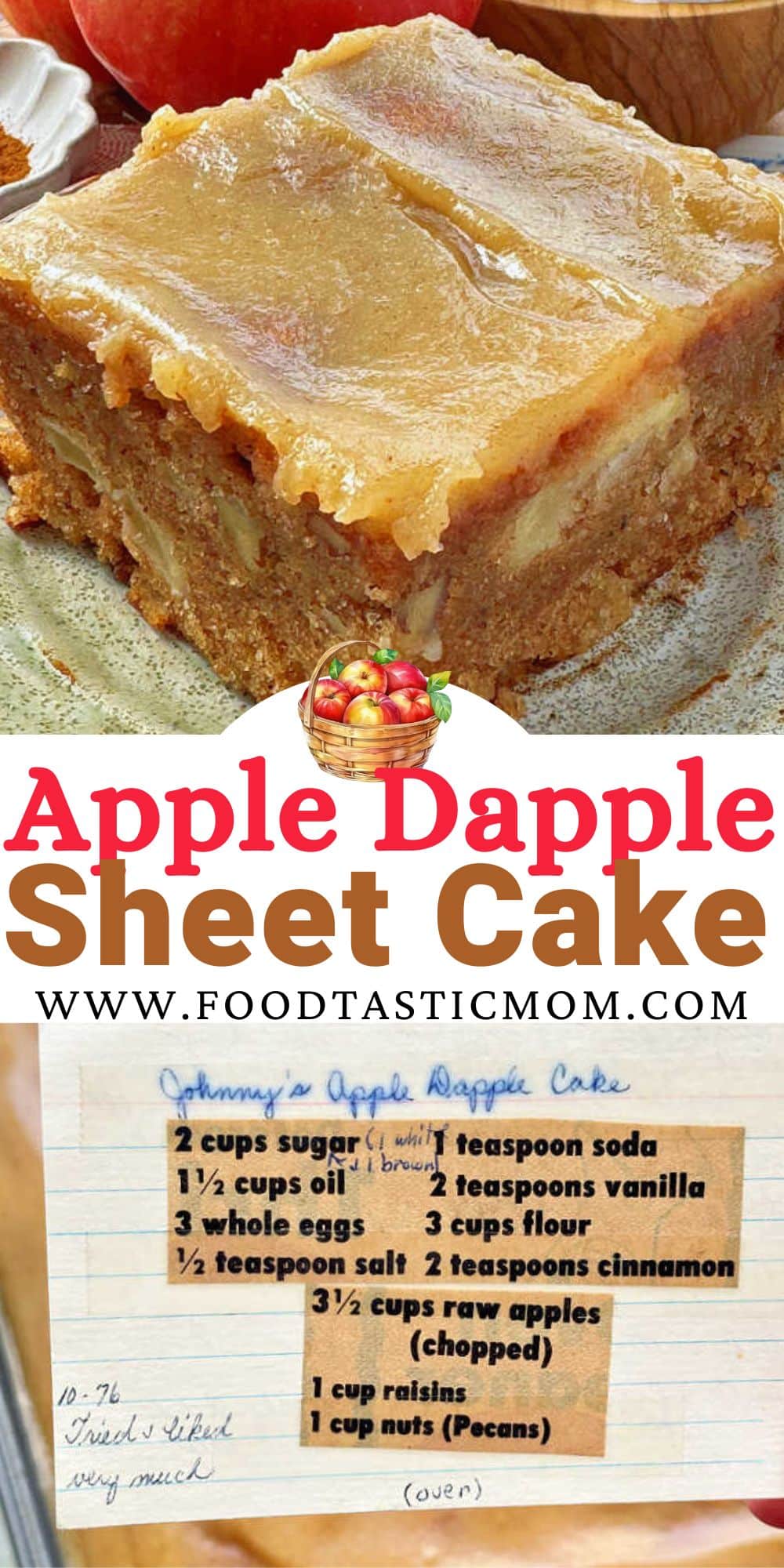 This easy apple dapple cake recipe is one of my most favorite vintage recipes from my Mom's handwritten recipe card collection. It's a classic cake filled with fresh apples and warm fall spices. via @foodtasticmom