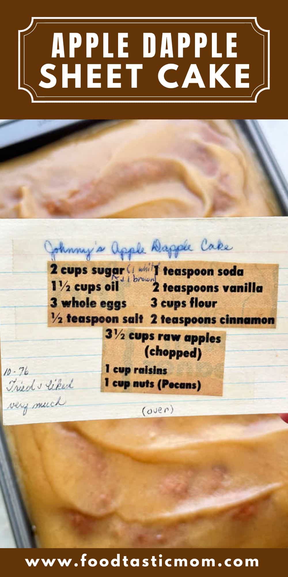 This easy apple dapple cake recipe is one of my most favorite vintage recipes from my Mom's handwritten recipe card collection. It's a classic cake filled with fresh apples and warm fall spices. via @foodtasticmom