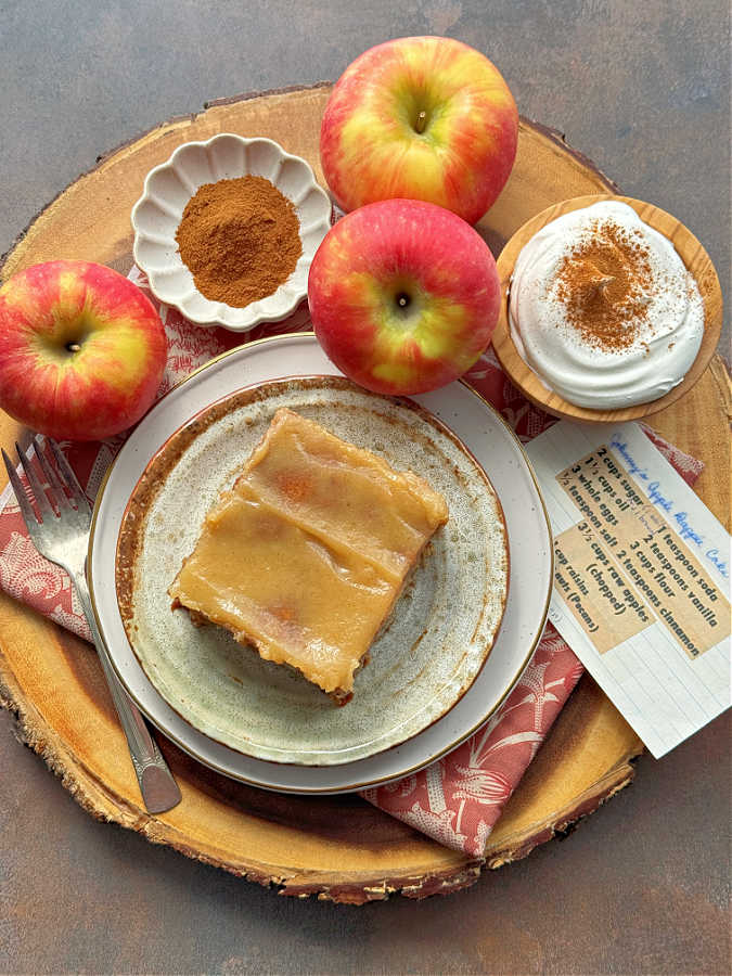 a slice of apple dapple cake plated and displayed with the handwritten recipe card and three whole apples