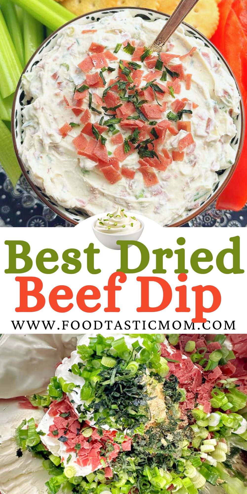 Dried Beef Dip is a classic appetizer made with simple ingredients. Serve this old-school recipe with butter cracker dippers or fresh veggies. via @foodtasticmom